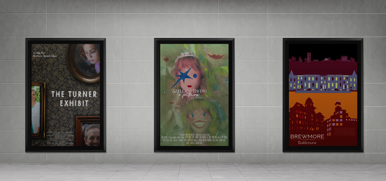 Three framed film posters displayed on a wall, showcasing a movie poster gallery within a graphic design portfolio context. Highlights film poster design skills.