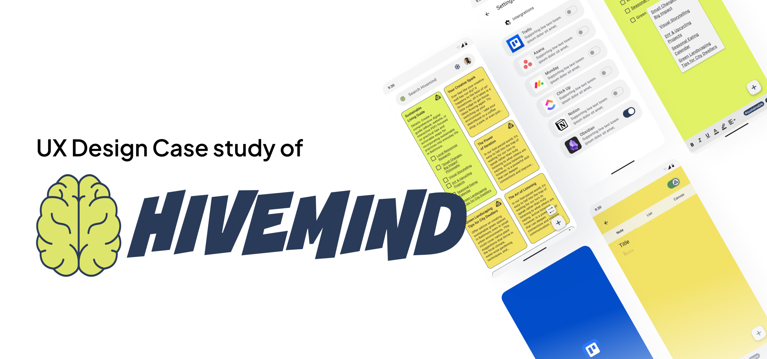 UX design case study mockup for Hivemind mobile app showing a product designer's process on a smartphone screen.