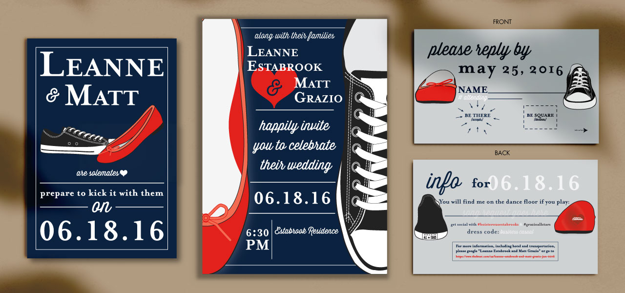 Custom wedding stationery suite featuring elegant typography and a detailed vector illustration of a pair of sneakers, including a main invitation card.