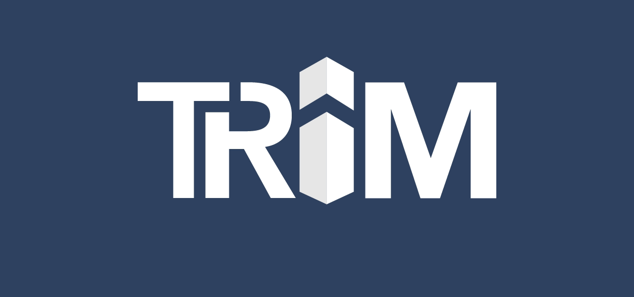 Animated logo showcase for TRIM Residential, cycling through four versions of the brand mark on a wide banner. The wordmark spells "TRIM" in bold geometric capital letters.